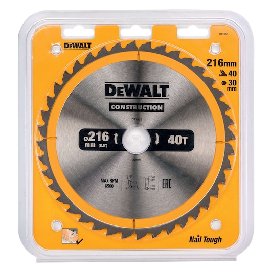 DEWALT 216mm 40T circular saw blade in packaging for woodworking and construction tasks.