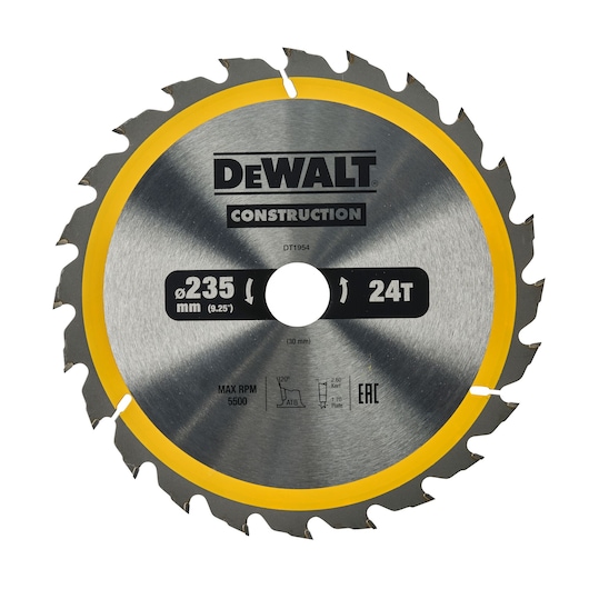 DEWALT DT1954 circular saw blade with 24 teeth, 235mm diameter, for construction use.