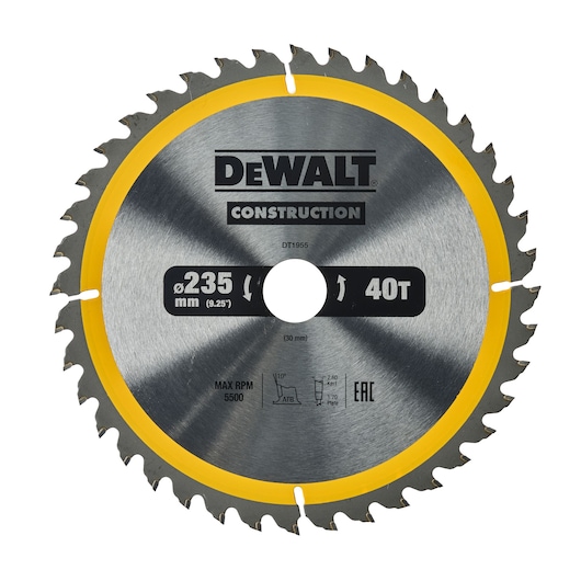 DEWALT DT1955 circular saw blade, 235mm diameter, 40 teeth, silver with yellow trim, for construction.