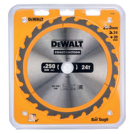 DEWALT DT1956 circular saw blade in packaging, 250mm diameter, 24 teeth, for construction use.