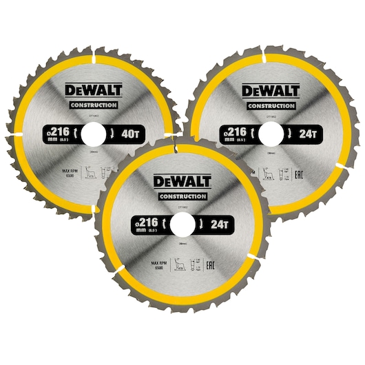 Three DEWALT 216mm circular saw blades with yellow rims. The blades show 40T and 24T tooth counts.