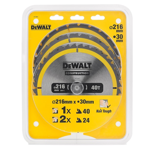 DEWALT DT1962 3-pack saw blades, 216mm diameter, 30mm bore, for construction use, in yellow packaging.