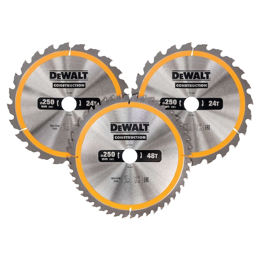 Three DEWALT circular saw blades with 250mm diameter and yellow trim shown for construction.