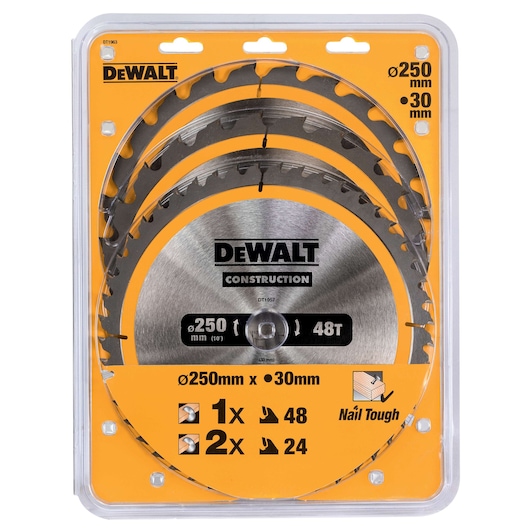 DEWALT DT1963 saw blade pack, three circular blades, 250mm diameter, for construction, in plastic packaging.