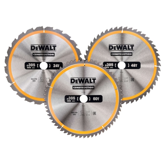 Three DEWALT circular saw blades for construction, 305mm size, each with different tooth counts: 24T, 48T, 60T.