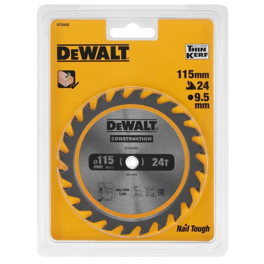 DEWALT DT20420 115mm 24T circular saw blade for wood, in yellow packaging, nail tough and thin kerf.