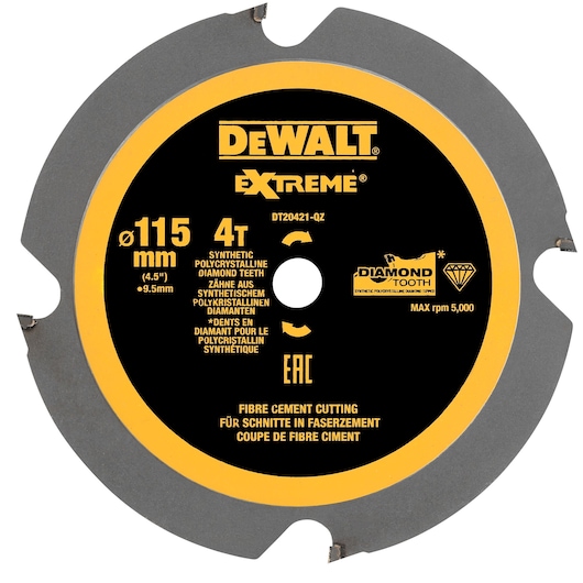 DEWALT DT20421 circular saw blade for fibre cement, 115mm diameter, synthetic diamond teeth.