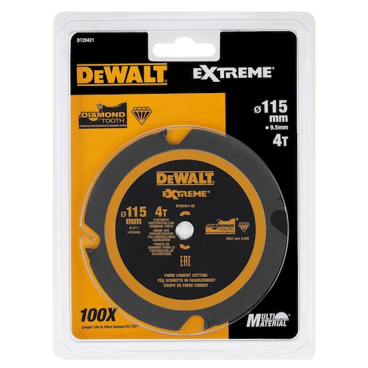 DEWALT DT20421 Extreme diamond tooth blade for fiber cement, 115mm, 4 teeth, in retail packaging.