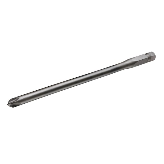 A DEWALT long screwdriver bit with hex shank and cross tip, designed for power tools. Silver metallic color.