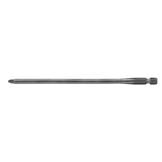 Long metal screwdriver bit with a Phillips tip for power tools, shown against a white background.