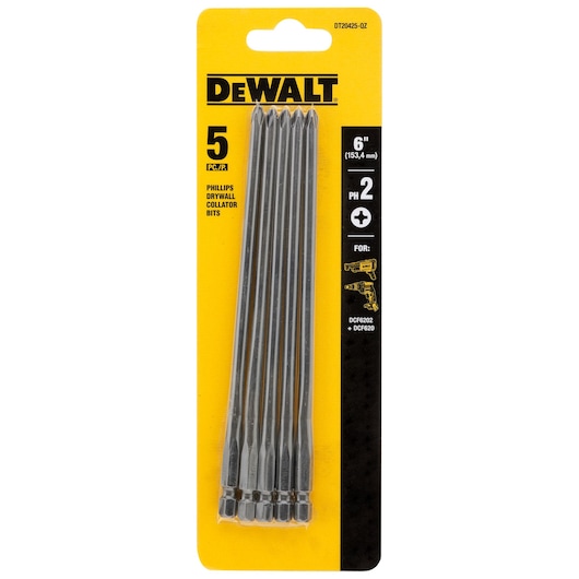 DEWALT 5-piece 6-inch Phillips drywall collator bits set in yellow packaging.
