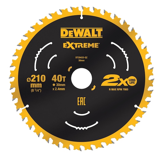 DEWALT DT20433 Extreme 210mm circular saw blade with 40 teeth, gold and black, long life design.