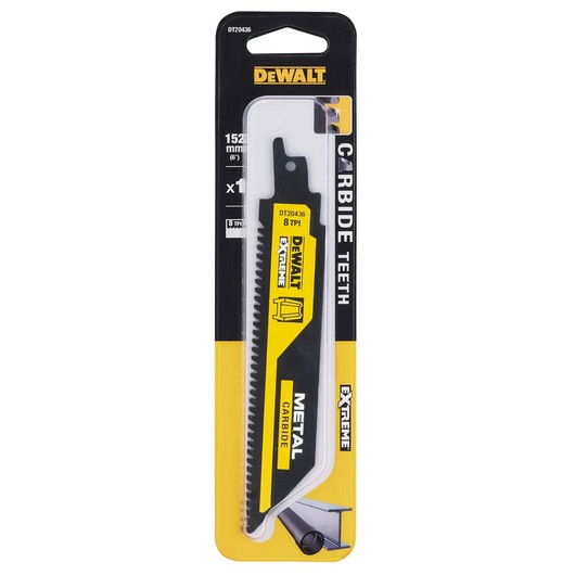 DEWALT DT20436 carbide metal saw blade in blister pack, labeled for extreme durability and metal cutting.