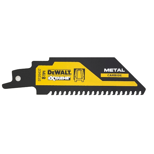 DEWALT DT20437 Extreme carbide metal saw blade with yellow and black coloring, showing product details and branding on the surface.