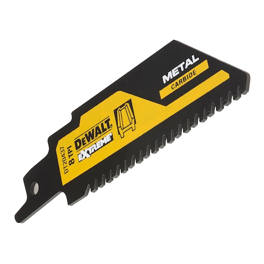 DEWALT DT20437 Extreme carbide metal saw blade with 8 TPI, black and yellow, suitable for cutting metal.