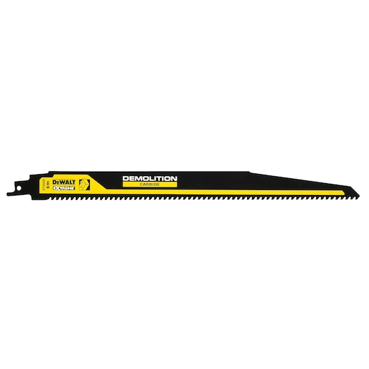 DEWALT DT20438 carbide demolition saw blade, black with yellow label, ideal for heavy-duty cutting applications.