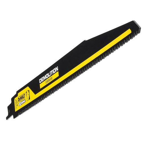 DEWALT carbide demolition saw blade, black and yellow, for extreme durability in cutting tasks.
