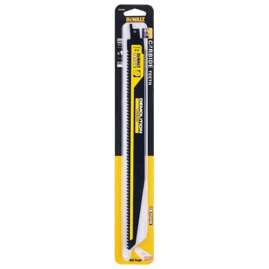 DEWALT DT20438 demolition saw blade in yellow and black packaging, labeled carbide teeth and for extreme use.