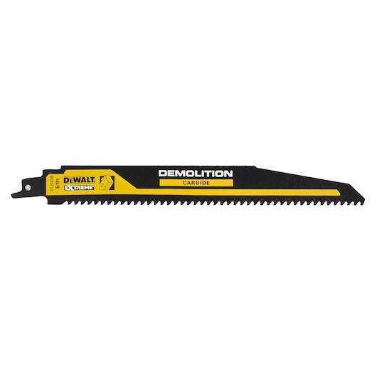 DEWALT DT20439 carbide demolition reciprocating saw blade in black and yellow, designed for heavy-duty cutting applications.
