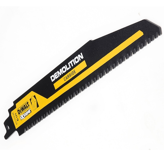 A DEWALT demolition carbide saw blade with black and yellow design, featuring sharp teeth and marked with the labels 'DEWALT EXTREME', 'DEMOLITION', and 'CARBIDE'.