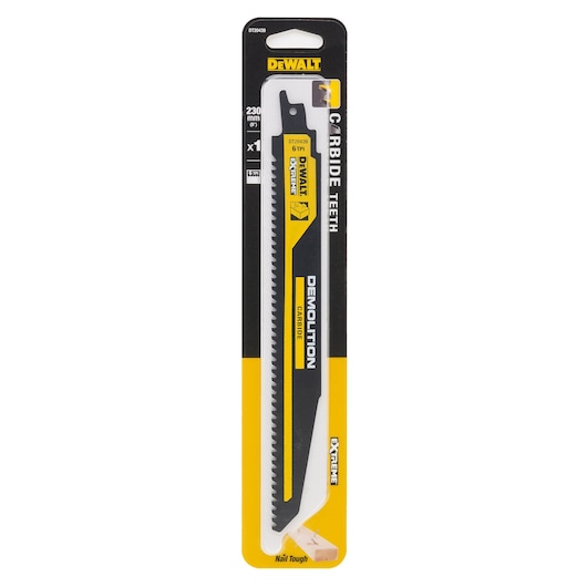 DEWALT DT20439 demolition saw blade in retail packaging, 230mm, carbide teeth for tough cutting applications.