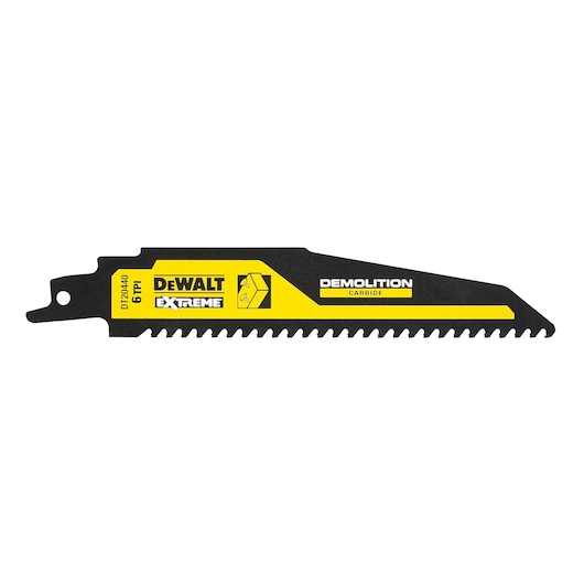 DEWALT DT20440 demolition carbide saw blade, black and yellow, with 6 TPI teeth for extreme cutting tasks.