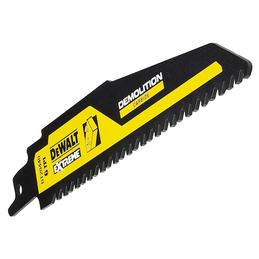 DEWALT DT20440 Extreme demolition carbide saw blade with black and yellow design and sharp teeth.