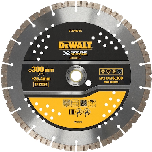 DEWALT DT20460 segmented circular saw blade, 300mm diameter, for masonry cutting, max 6300 RPM.