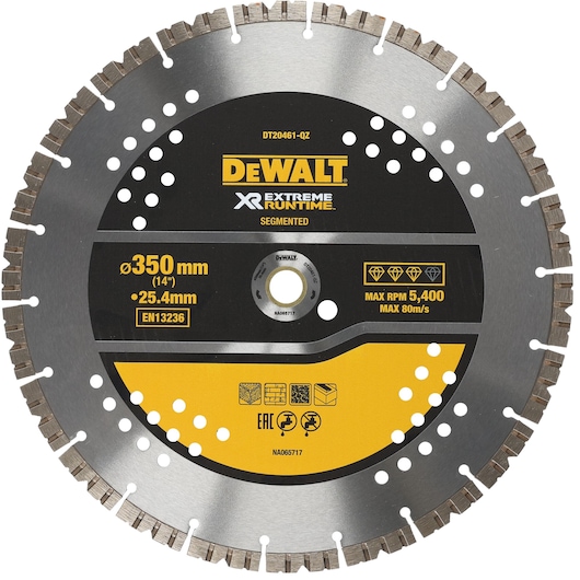 DEWALT DT20461 segmented diamond saw blade, 350mm diameter for cutting, with yellow and black label.