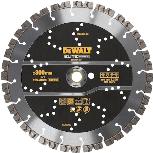 DEWALT segmented diamond blade, 300mm diameter, Elite Series, for cutting, max RPM 6300, SKU DT20463.
