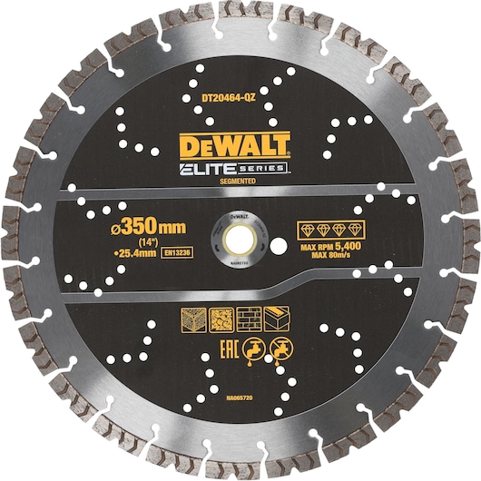 DEWALT Elite Series segmented circular saw blade, 350mm diameter, for cutting, with product details.