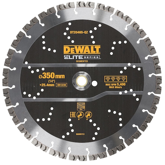 DEWALT segmented diamond saw blade, 350mm diameter, Elite Series, for cutting construction materials.