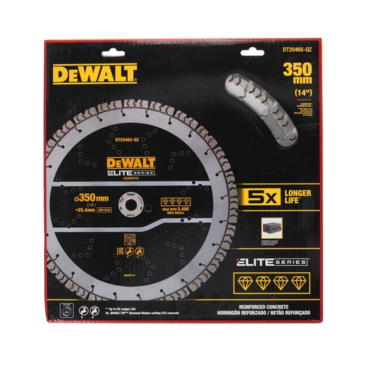 DEWALT Elite Series segmented diamond blade, 350mm, for reinforced concrete, in branded packaging.