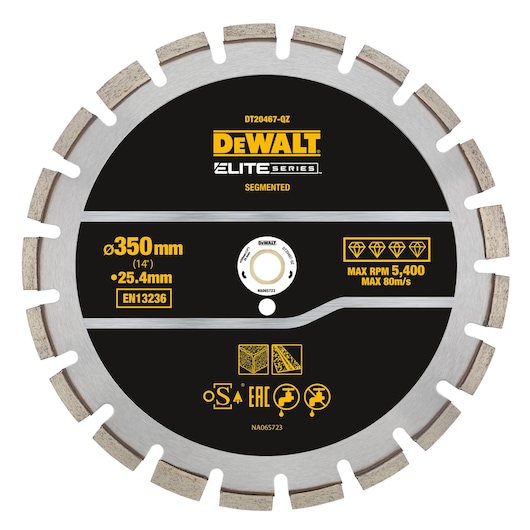DEWALT DT20467 segmented diamond saw blade, 350mm diameter, for cutting construction materials.