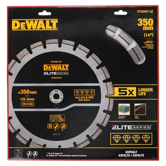 DEWALT DT20467 350mm segmented diamond saw blade for asphalt. Elite Series, 5x longer life.