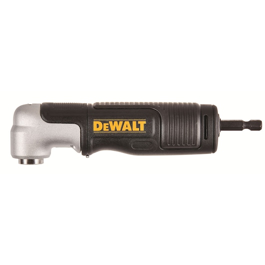 DEWALT DT20500 right angle attachment for drills, black and silver compact design, side view.