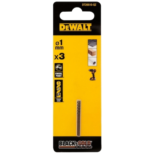 DEWALT drill bits pack, 1mm, DT20510-QZ, DT20510. Black & Gold series. Photography category.