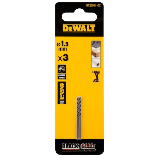 DEWALT DT20511-QZ, DT20511 Black & Gold 1.5 mm drill bits, pack of 3 for wood and metal.