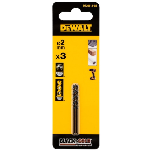 DEWALT drill bits DT20512-QZ, DT20512, Black & Gold, 2mm, pack of 3, for wood and metal, photography category.