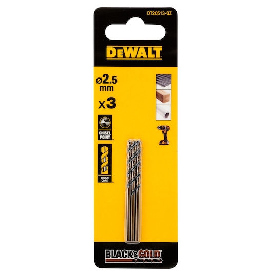 DEWALT Black & Gold drill bits 2.5mm, 3-pack, DT20513-QZ, DT20513. Photography category, yellow packaging.