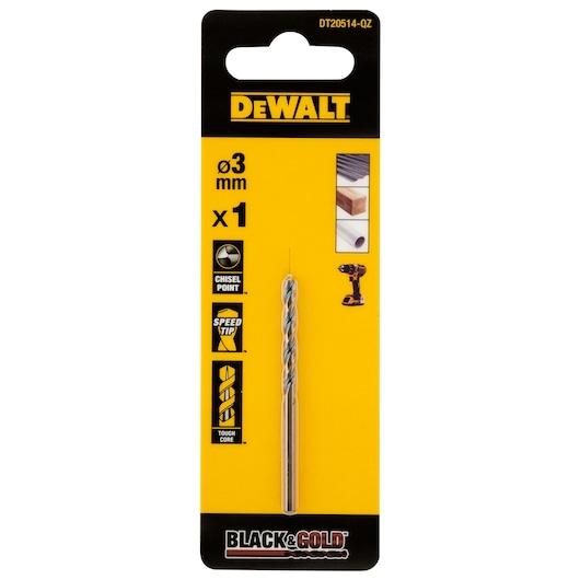 DEWALT drill bit DT20514, DT20514-QZ, 3mm, Black & Gold, photography category, single pack.