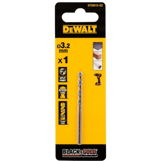 DEWALT 3.2mm drill bit in yellow-black packaging, suitable for wood, metal, and plastic surfaces.