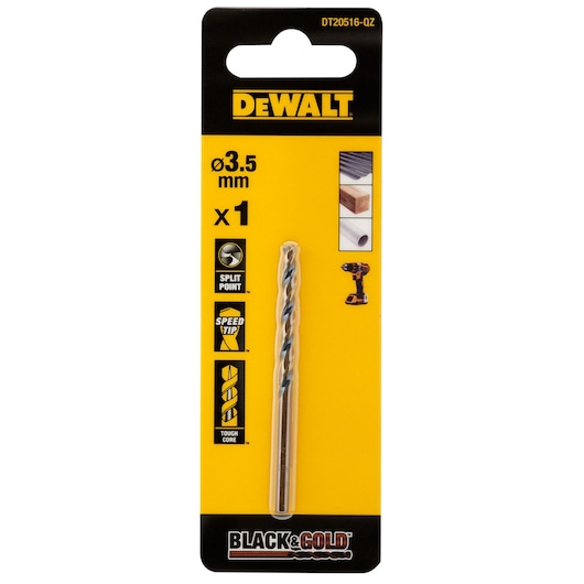 DEWALT 3.5mm Black & Gold drill bit in yellow package, features split point, speed tip, tough core.