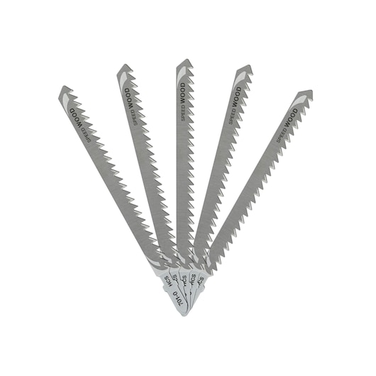 Five DEWALT DT2051 jigsaw blades for speed wood cutting are fanned out, showing their sharp teeth and metal finish.