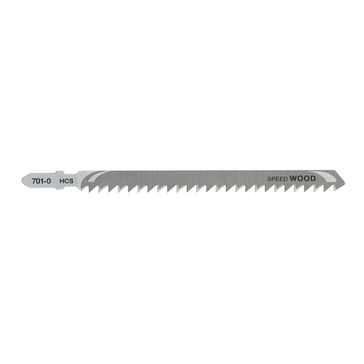 DEWALT DT2051 jigsaw blade for wood, metal colored, straight shape, sharp teeth, labeled for speed cutting.