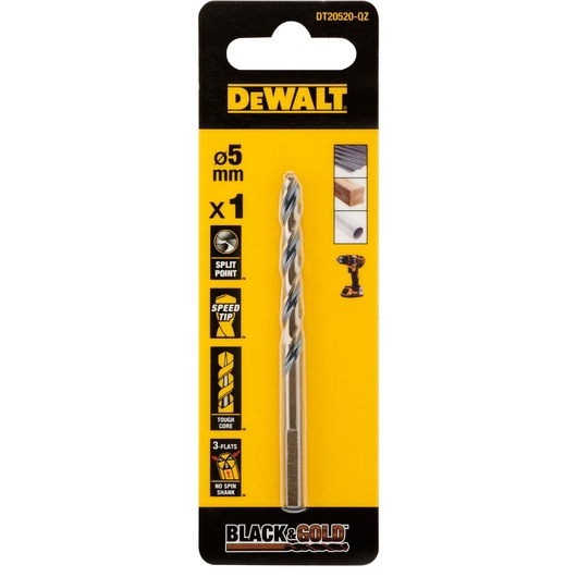 DEWALT drill bit, 5mm, in yellow packaging. SKUs DT20520, DT20520-QZ shown. Photography category.