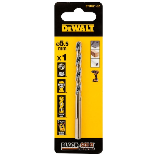 DEWALT drill bit 5.5mm in packaging, SKUs DT20521, DT20521-QZ, Black & Gold series for photography.