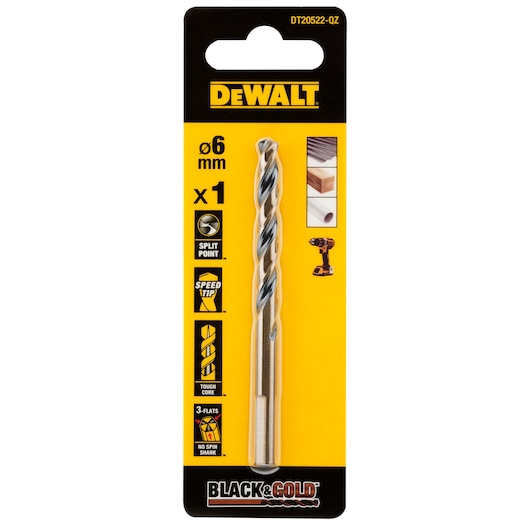 DEWALT drill bit DT20522-QZ, DT20522 in packaging. 6mm Black & Gold series. Photography category.
