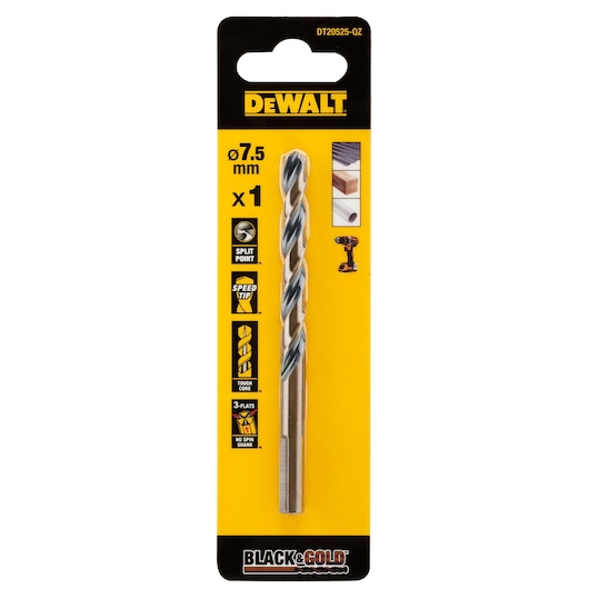 DEWALT drill bit 7.5mm, photography category, DT20525, DT20525-QZ packaging shown.