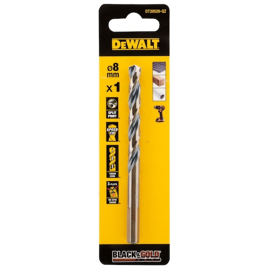 DEWALT drill bit DT20526-QZ, DT20526, 8mm, Black & Gold, in yellow packaging.
